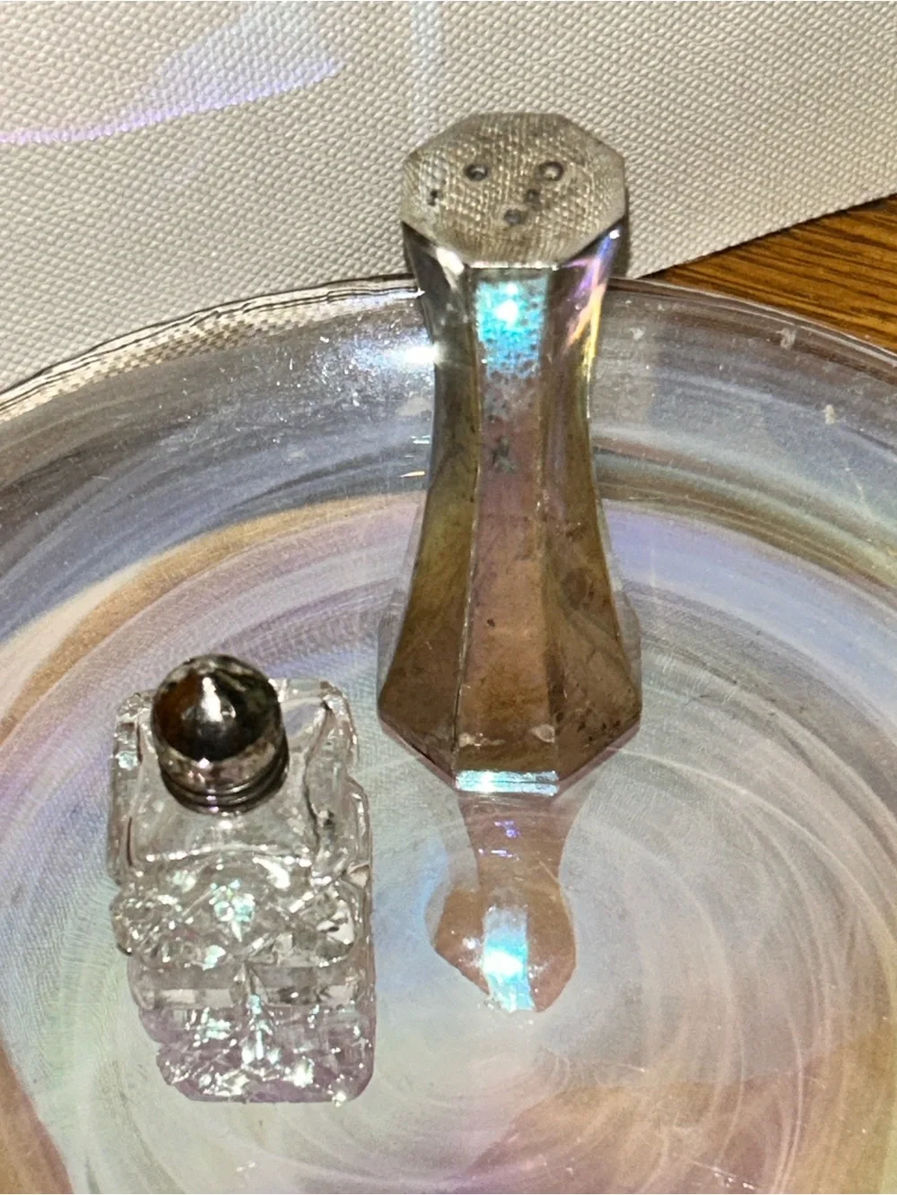 Mini Cut Glass Glass Salt Shaker Silver Top Silver Plated Shaker Mismatched Set
